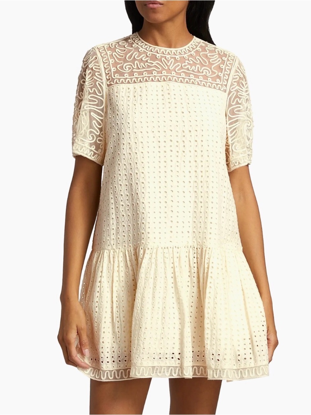 ULLA JOHNSON | NEW Ivory Gabi Eyelet Mini Shift Dress 10 Boho Coquette Embroider